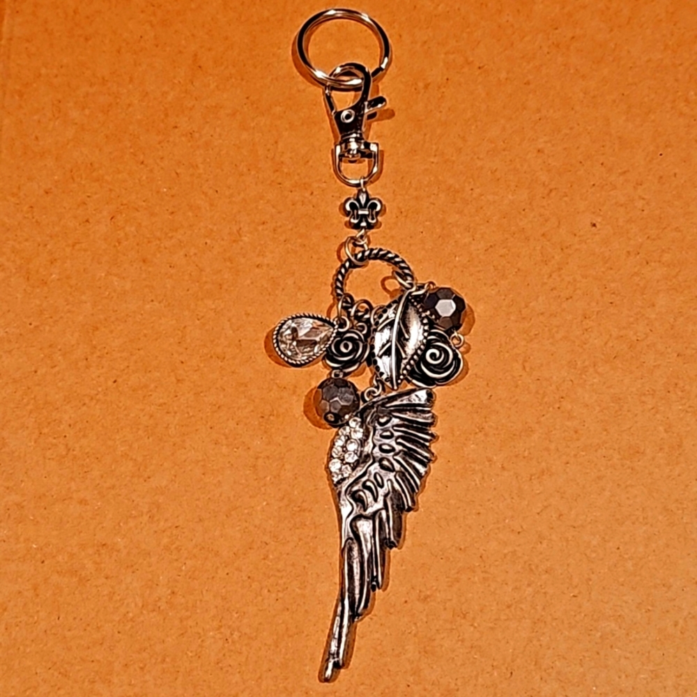 Angel wing and rhinestone with roses bag charm and key ring